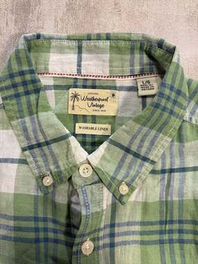 Weatherproof Vintage Men's Green Plaid Washable Linen Short Sleeve Button Down S